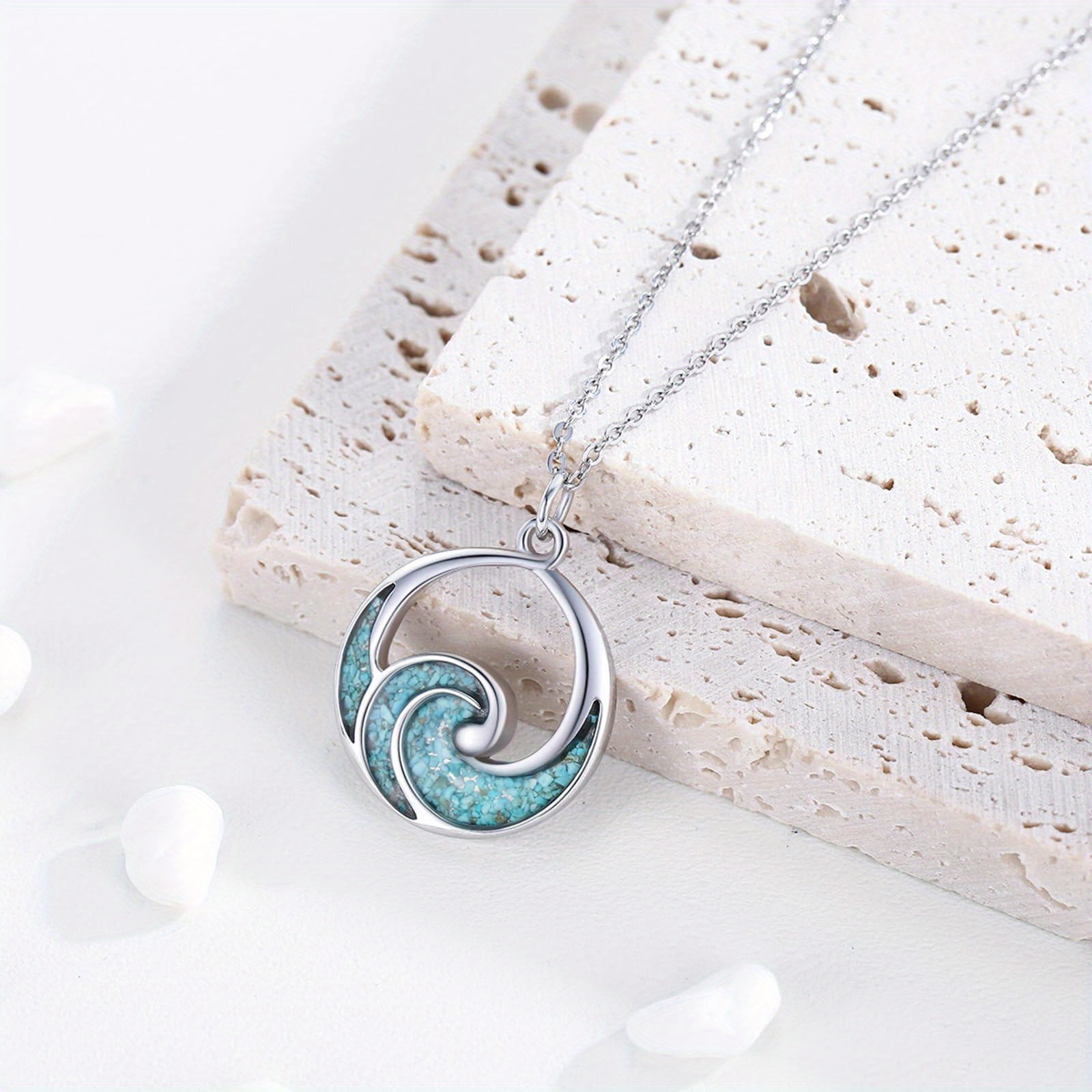 Waves Necklace 925 Sterling Silver Turquoise Crushed Stone Ocean Pendant Jewelry